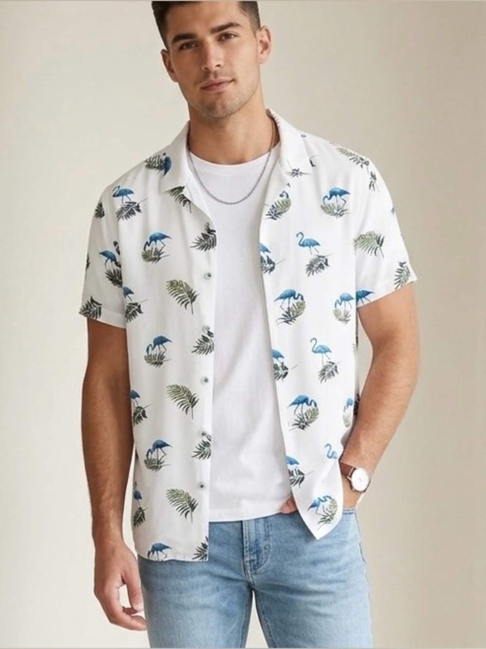Nickel & Iron Flamingo Print Short-Sleeve Hawaiian Tropical Shirt - White/Blue